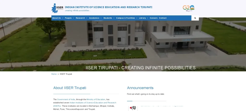 IISER Tirupati Recruitment 2024 IISER Tirupati Official Website Homepage