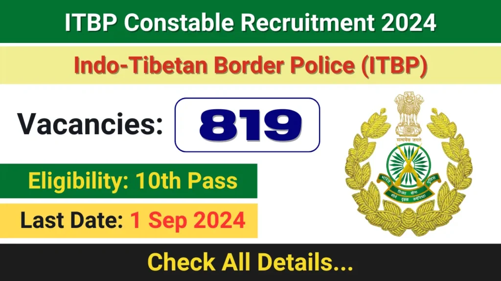 ITBP Constable Recruitment 2024 819 Vacancies, Apply Online Now