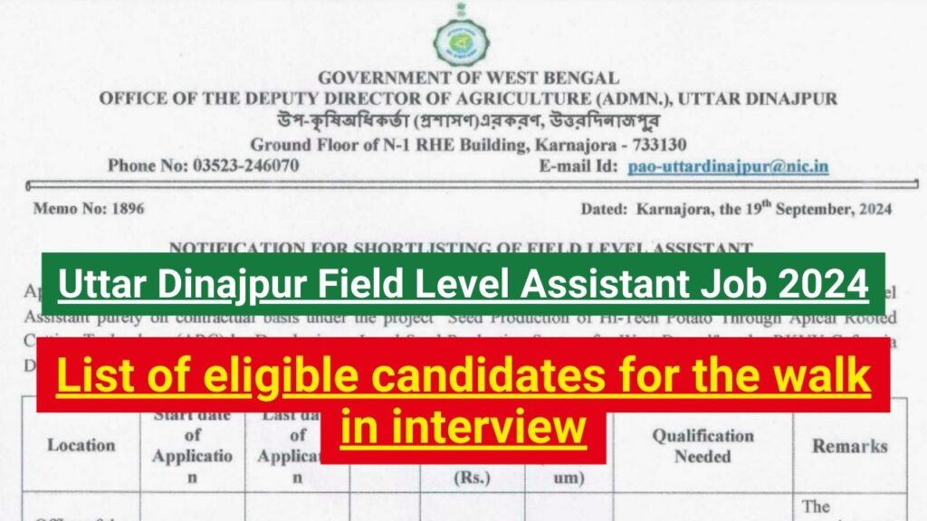 Uttar Dinajpur Field Level Assistant Job 2024 List of eligible candidates for the walk in interview