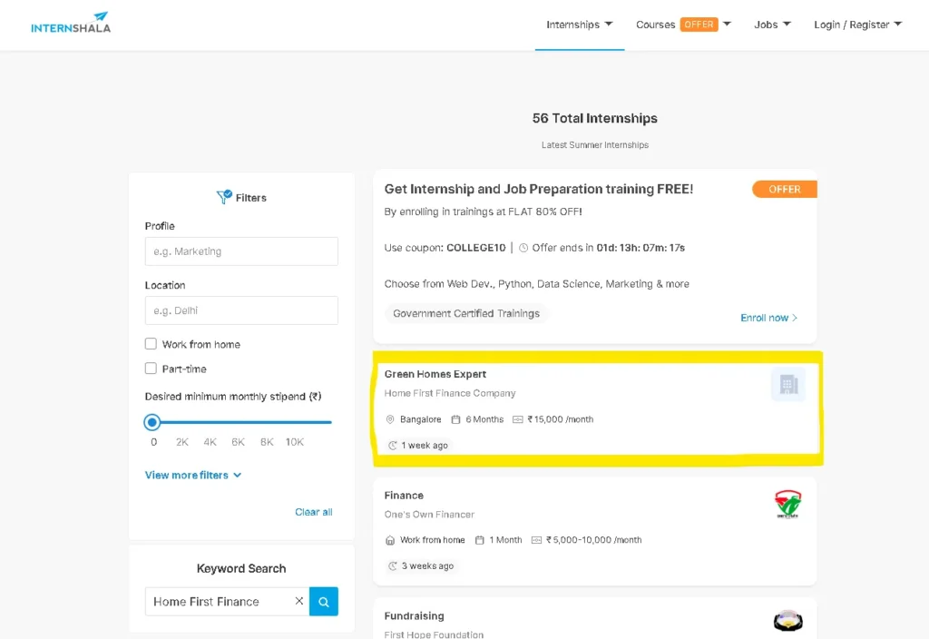 Search Home First Finance in internshala official website