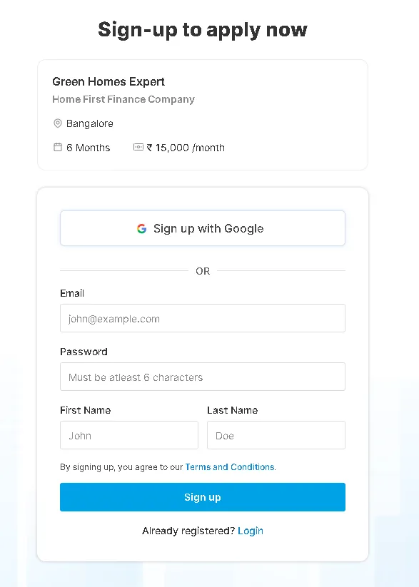 internshala registration page