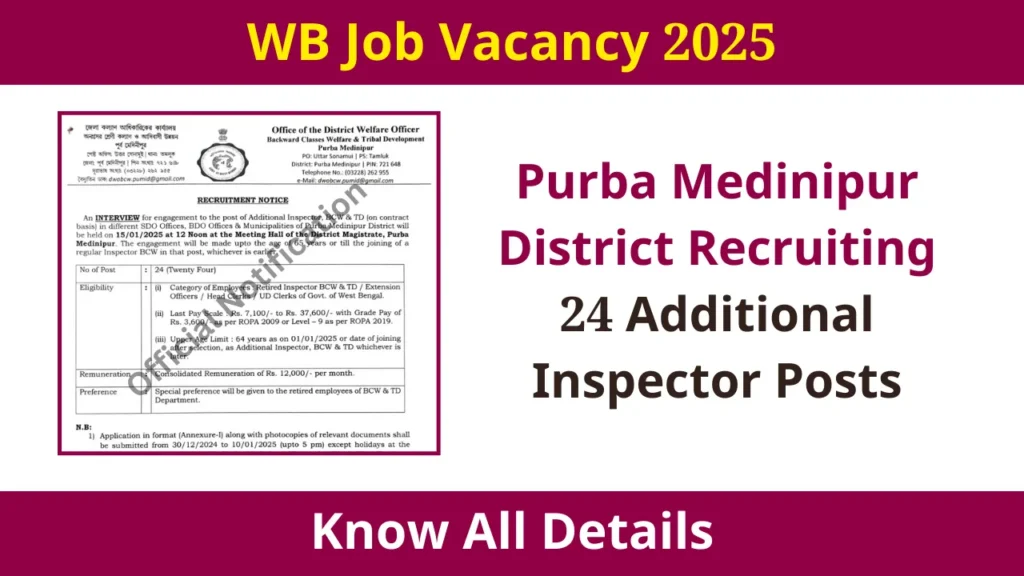 WB Job Vacancy 2025: Purba Medinipur District Recruiting 24 Additional Inspector Posts