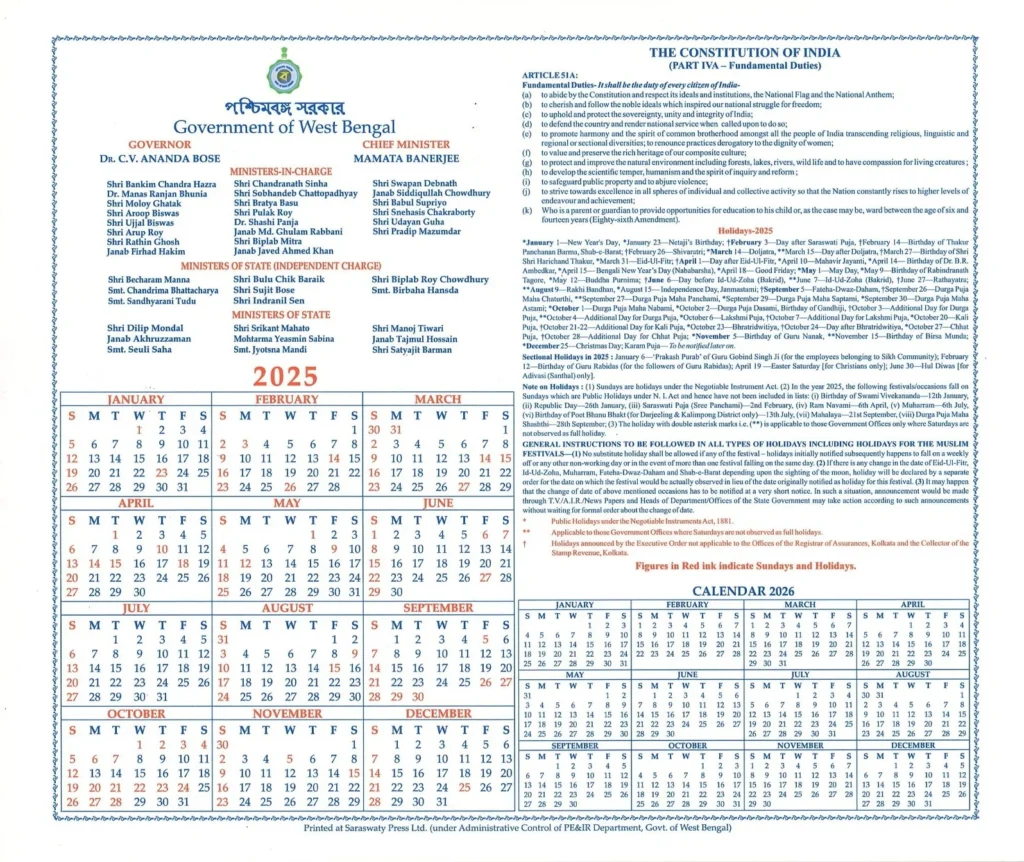 West Bengal Holidays 2025 Calender